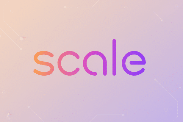 text: The word scale in a gradient of orange, pink, and purple, presented on a subtle flat desi