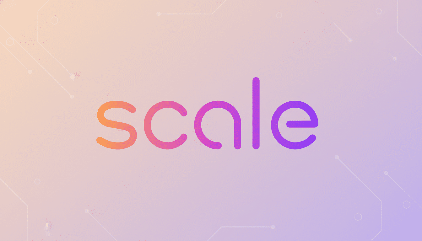 text: The word scale in a gradient of orange, pink, and purple, presented on a subtle flat desi