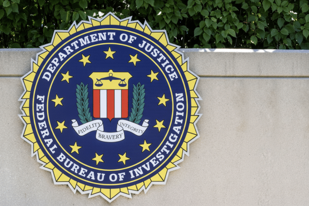 The official seal of the Federal Bureau of Investigation ( FBI) mounted on a textured wall with green foliage in the background, resized to a 16: 9 aspect ratio.