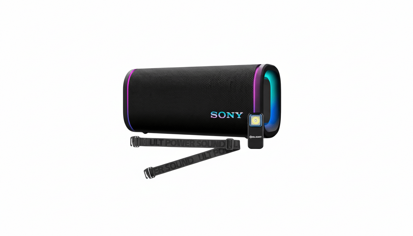 A black Sony ULT POWER SOUND portable speaker with colorful light accents, accompanied by two black straps and a small black O light flashlight , all on a white background. Filename : sonyult powersound speaker. png