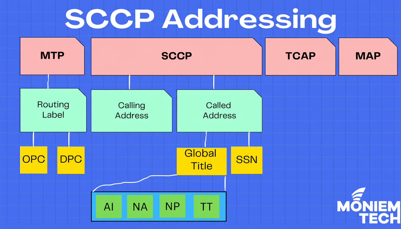 A diagram illustrating SCCP addressing components, including M TP, SCCP , TCAP, MAP, routing labels , calling address, called address, OPC , DPC, Global Title, SS N, AI, NA, NP, and TT.