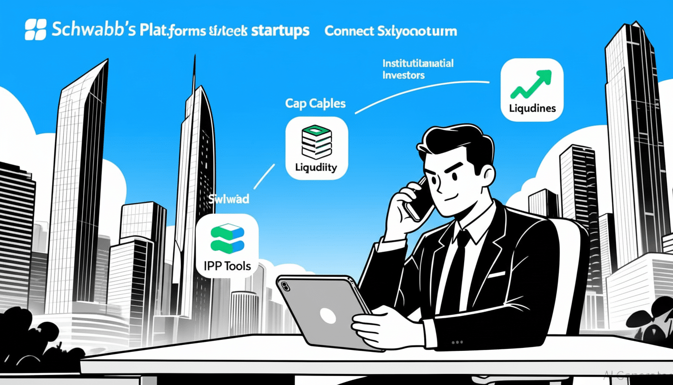 An illustration of a businessman in a suit talking on a phone and looking at a tablet, with several fintech app logos floating above a city skyline. T