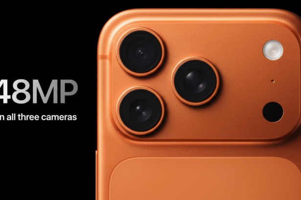 Close -up of an orange smartphone' s triple camera system with a flash and a sensor, displaying 48MP On all three cameras text on a black background .