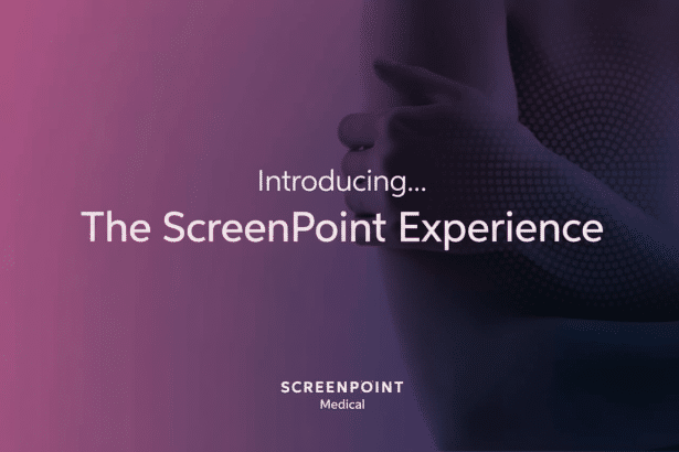 A professional presentation slide with Introducing... The Screen Point Experience in white text against a gradient purple and pink background, featuring a subtle, partially visible human form on the right. Below , SCREENPOINT Medical is displayed.