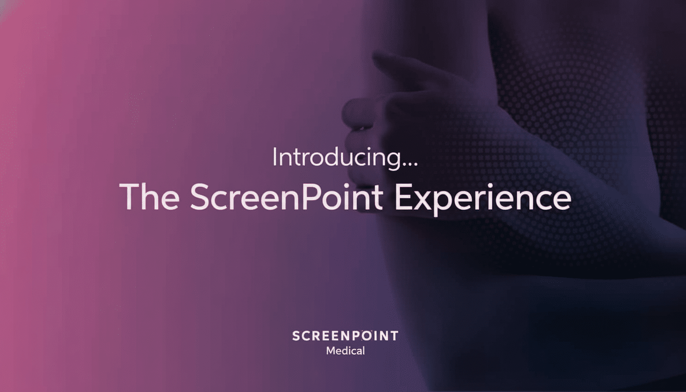 A professional presentation slide with Introducing... The Screen Point Experience in white text against a gradient purple and pink background, featuring a subtle, partially visible human form on the right. Below , SCREENPOINT Medical is displayed.