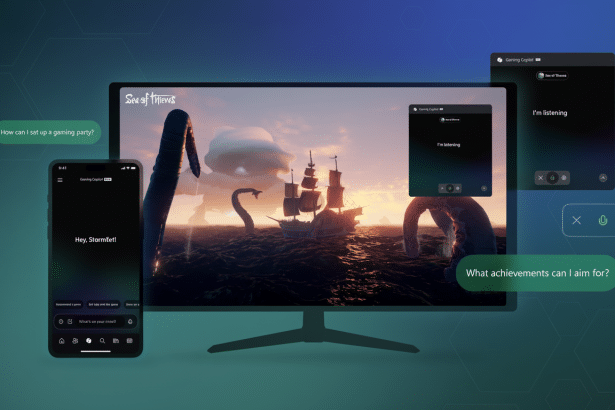 A professional 16:9 aspect ratio image featuring a desktop monitor displaying the Sea of Thieves game, with a galle on ship and a kraken tent acle at sunset. To the left, a smartphone shows Hey , Stormie ! with text input options. To the right, two chat windows, one saying I'm listening and another asking What achievements can I aim for ?. The background is a dark blue gradient.