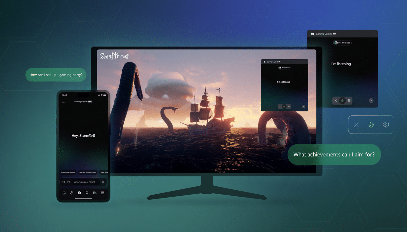 A professional 16:9 aspect ratio image featuring a desktop monitor displaying the Sea of Thieves game, with a galle on ship and a kraken tent acle at sunset. To the left, a smartphone shows Hey , Stormie ! with text input options. To the right, two chat windows, one saying I'm listening and another asking What achievements can I aim for ?. The background is a dark blue gradient.