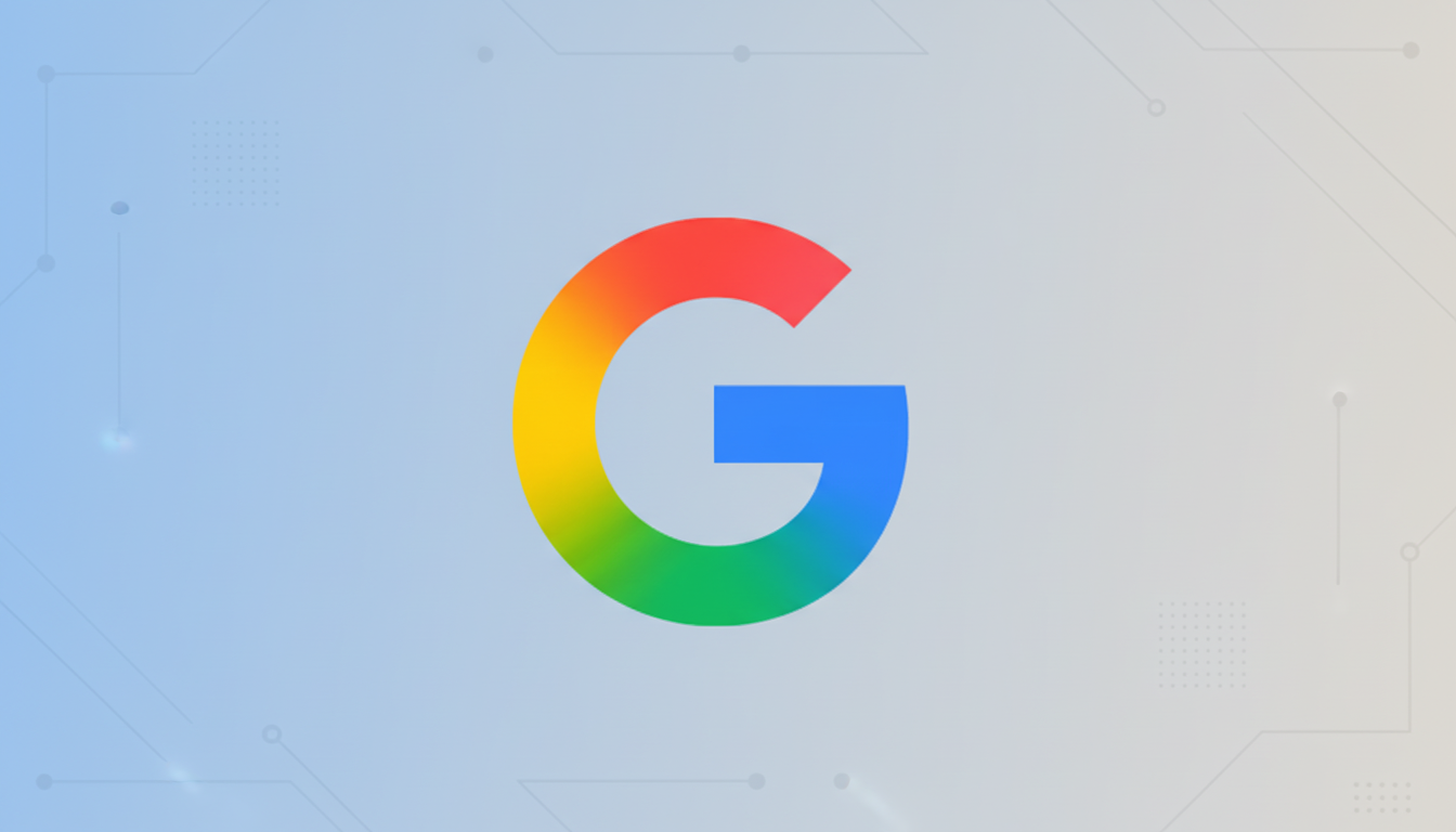 The Google G logo, featuring a rainbow gradient, centered on a professional flat design background with soft blue and gray gradients and subtle circuit board-like patterns.