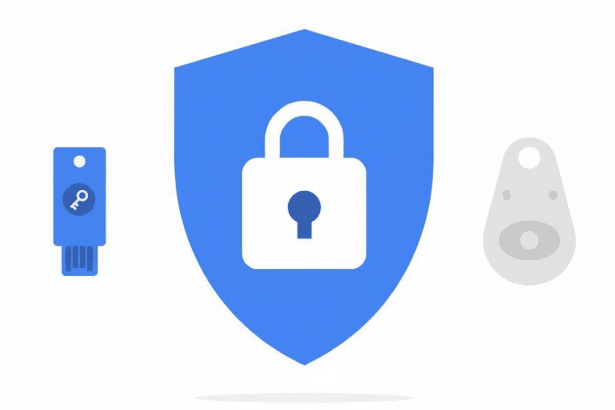 A blue shield with a white padlock in the center, flanked by a blue USB- like device with a key icon on the left and a gray pebble -shaped device on the right, all against a clean white background.