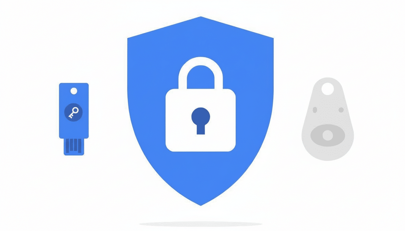 A blue shield with a white padlock in the center, flanked by a blue USB- like device with a key icon on the left and a gray pebble -shaped device on the right, all against a clean white background.