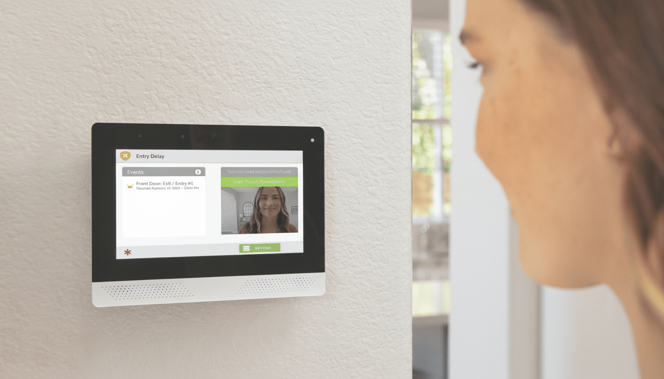 A woman looking at a security system display showing a User Truly Recognized message and a live video feed of a person .