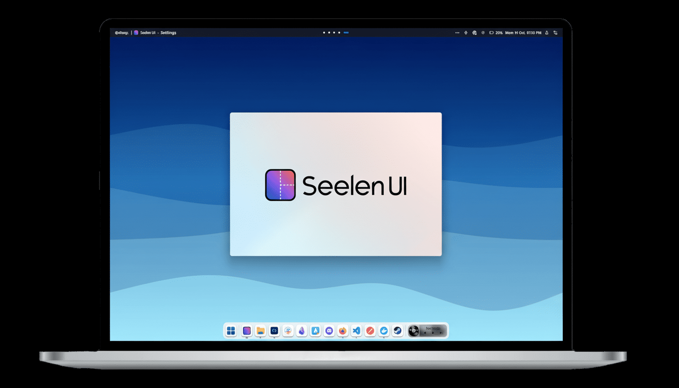 A laptop displaying the Seelen UI logo and text on a blue wave - patterned background, with various application icons visible in the dock at the botto