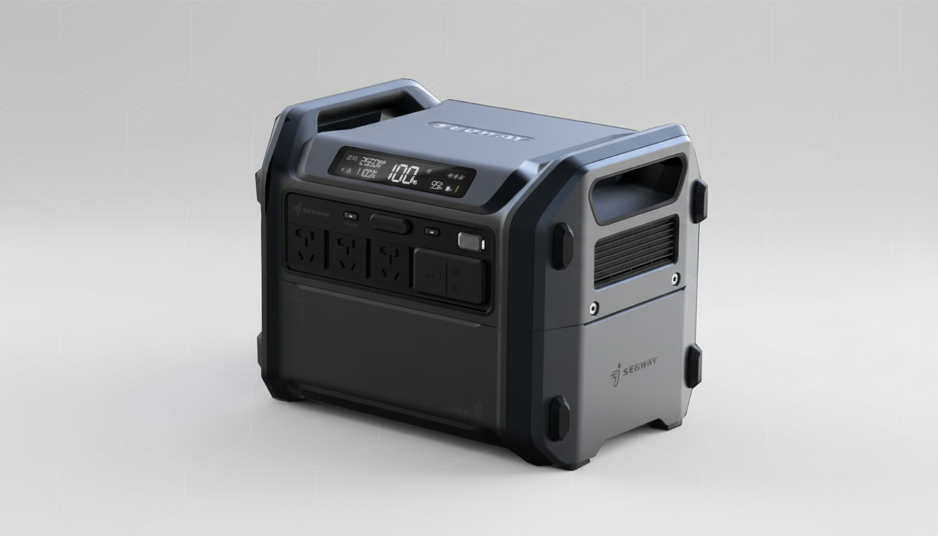 A professional, enhanced image of a dark gray Segway portable power station, presented on a subtle light gray background with a soft geometric pattern, resized to a 16:9 aspect ratio.