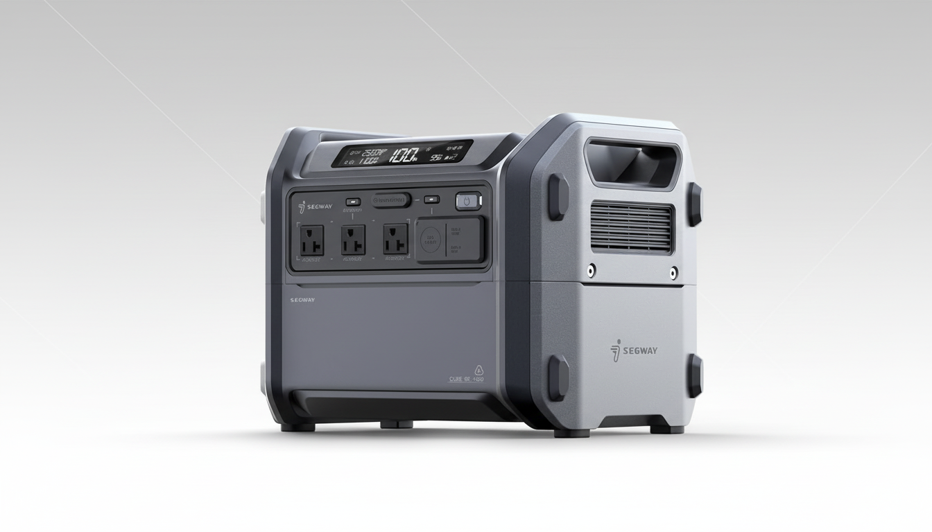 A professional, enhanced image of a Segway Cube BT-1000 portable power station, presented on a clean, light gray gradient background.