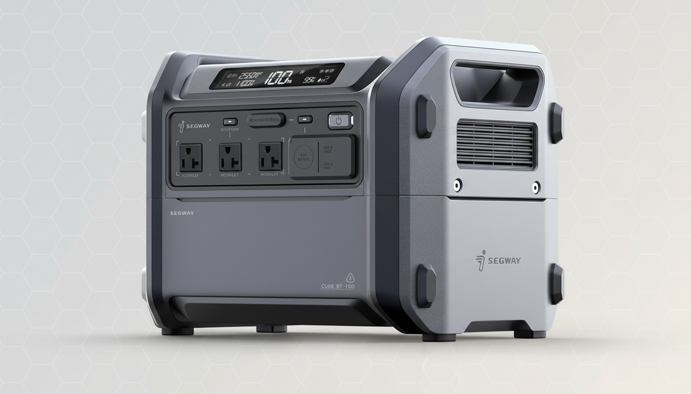 A professional, enhanced image of a Segway Cube BT-1000 portable power station, presented on a clean, soft gradient background.