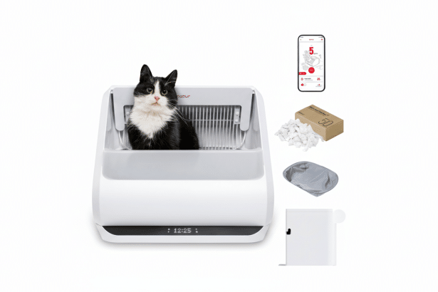 A black and white cat sits in a white self -cleaning litter box , with various accessories including a smartphone app interface , cat litter refills , and disposal bags shown alongside. Filename : cat in litterbox product display . png