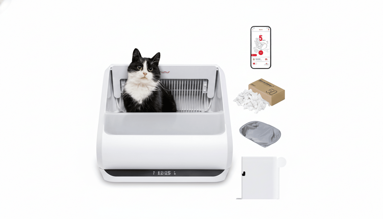 A black and white cat sits in a white self -cleaning litter box , with various accessories including a smartphone app interface , cat litter refills , and disposal bags shown alongside. Filename : cat in litterbox product display . png