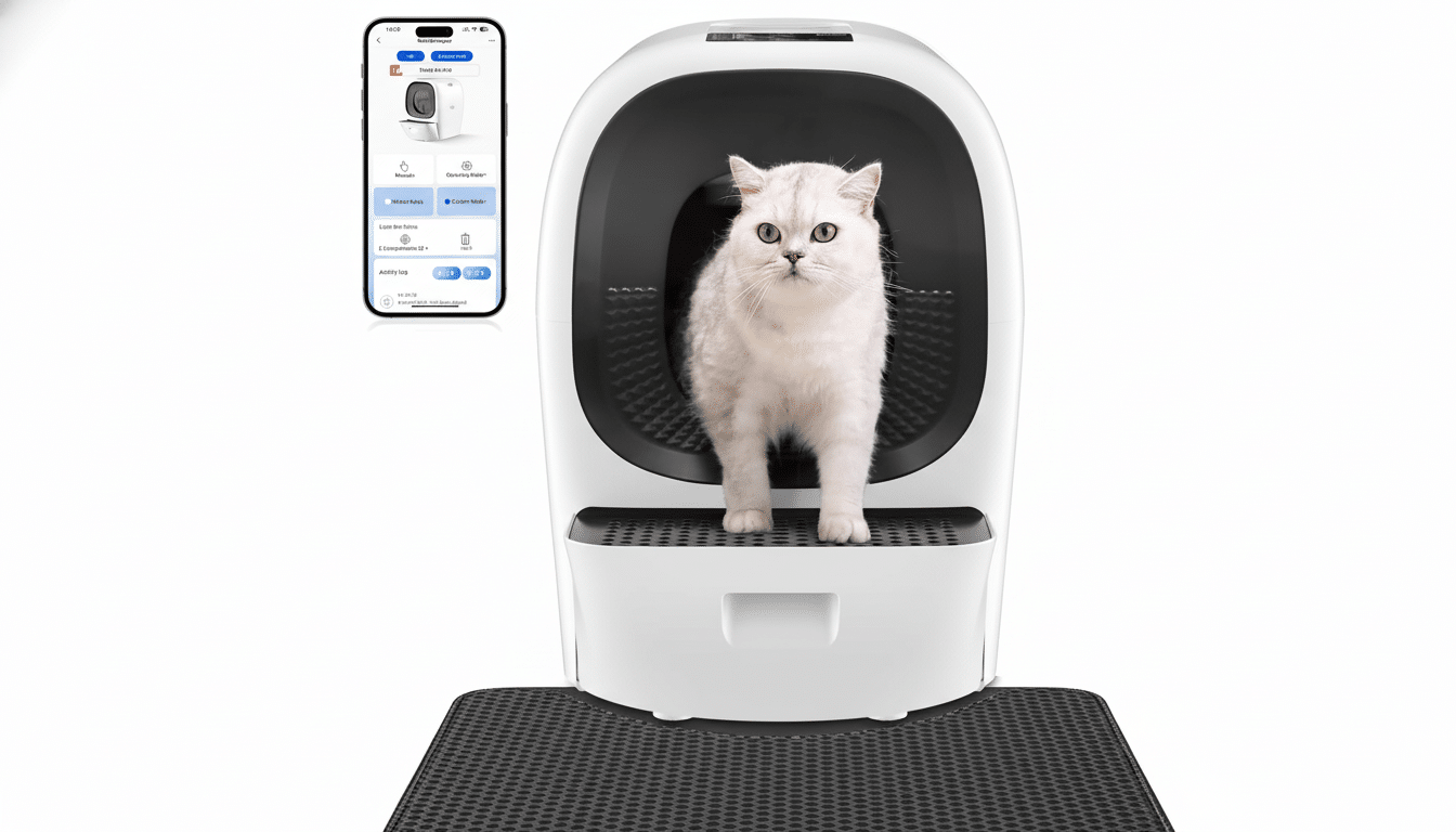 A white cat stands in a smart self -cleaning litter box with an accompanying mobile app interface displayed next to it.