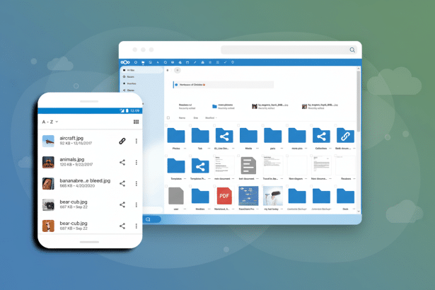 A professional 16:9 image showing a desktop file management interface on a laptop screen and a mobile file browsing interface on a smartphone screen, both displaying file and folder icons .