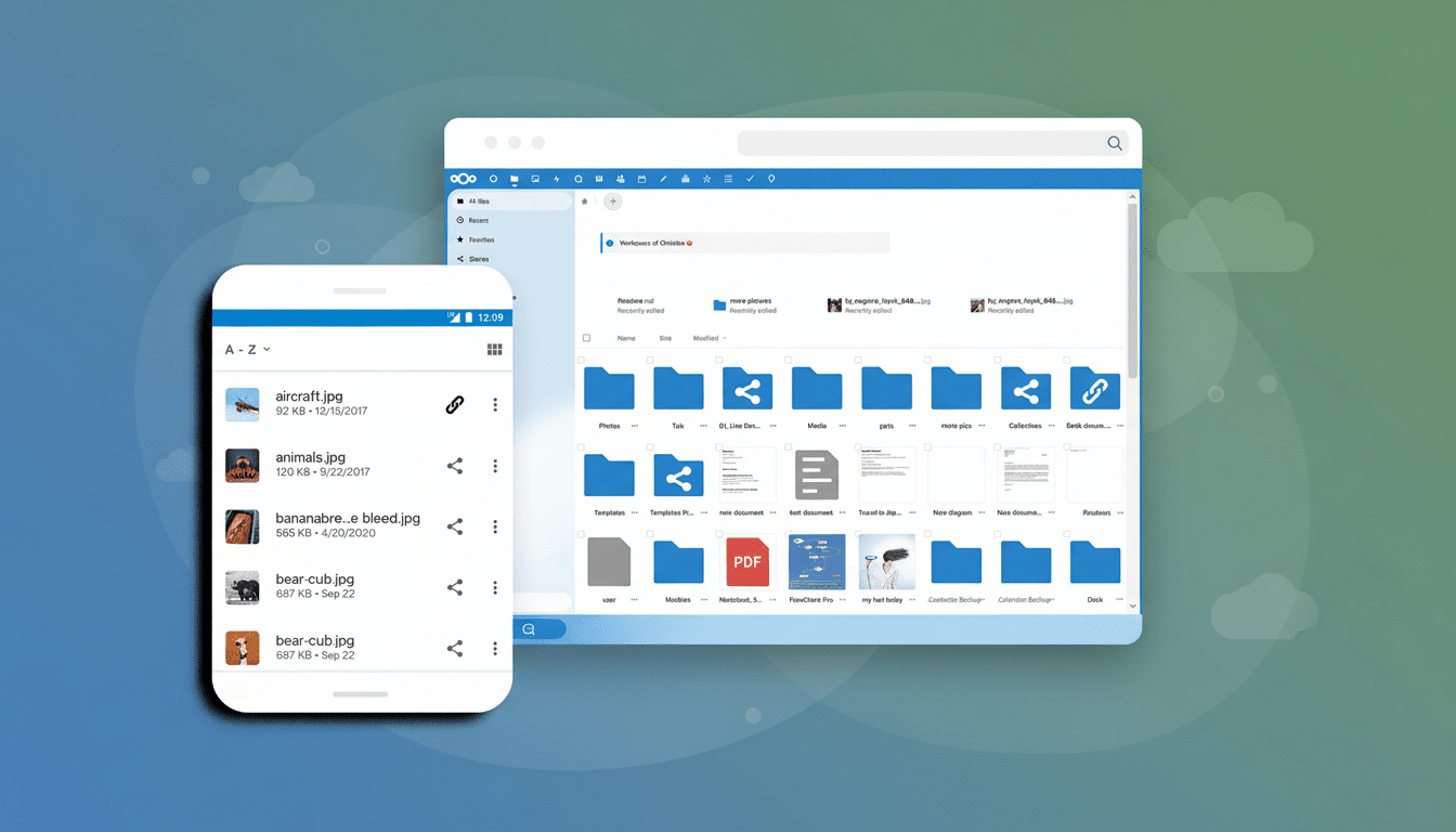 A professional 16:9 image showing a desktop file management interface on a laptop screen and a mobile file browsing interface on a smartphone screen, both displaying file and folder icons .