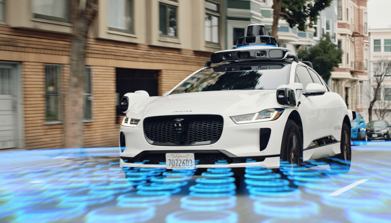 A white self -driving Jaguar I -Pace with advanced sensors on its roof and sides , driving on a city street with a blue digital overlay on the road.