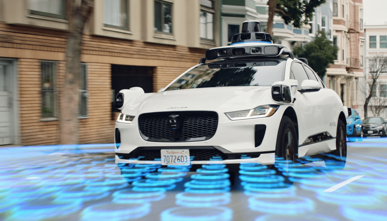 A white self -driving Jaguar I -Pace car with a roof -mounted sensor array drives on a city street, with blue holographic -like circles emanating from beneath it, suggesting data or sensors .