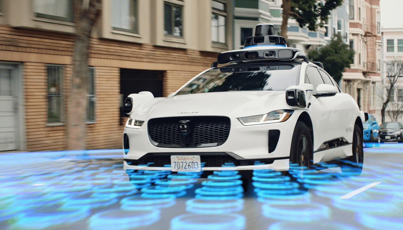 A white self -driving Jaguar I -Pace with advanced sensors on its roof and sides , driving on a city street with blue glowing digital patterns emanating from beneath it, indicating its autonomous operation.
