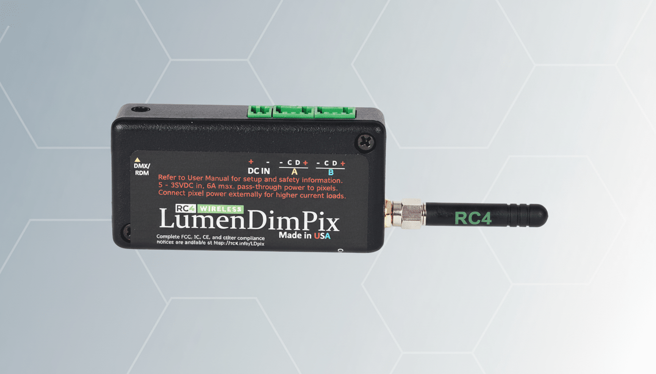 RC 4 Wireless LumenDim Pix device with a professional flat design background.