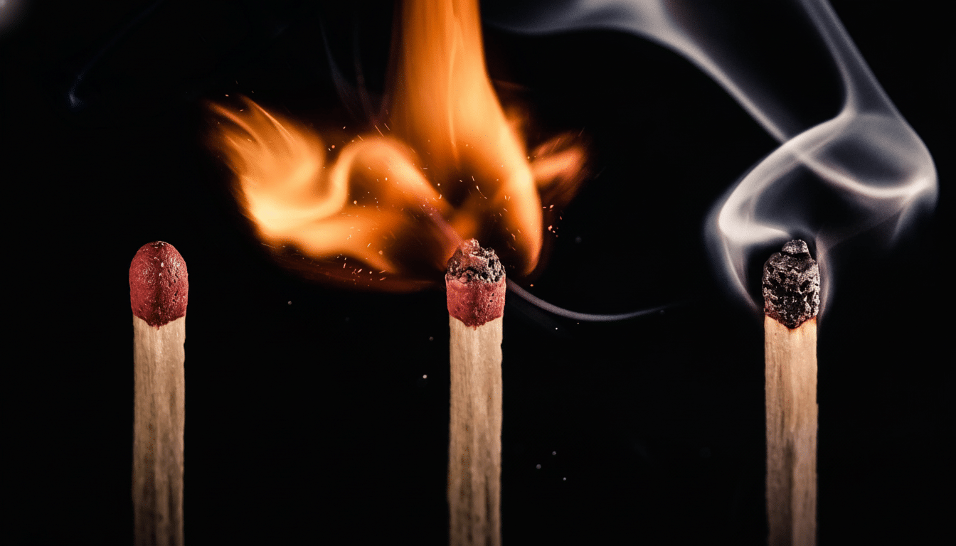 Three match sticks, one un lit, one burning with a vibrant flame , and one extinguished with smoke, set against a dark background .