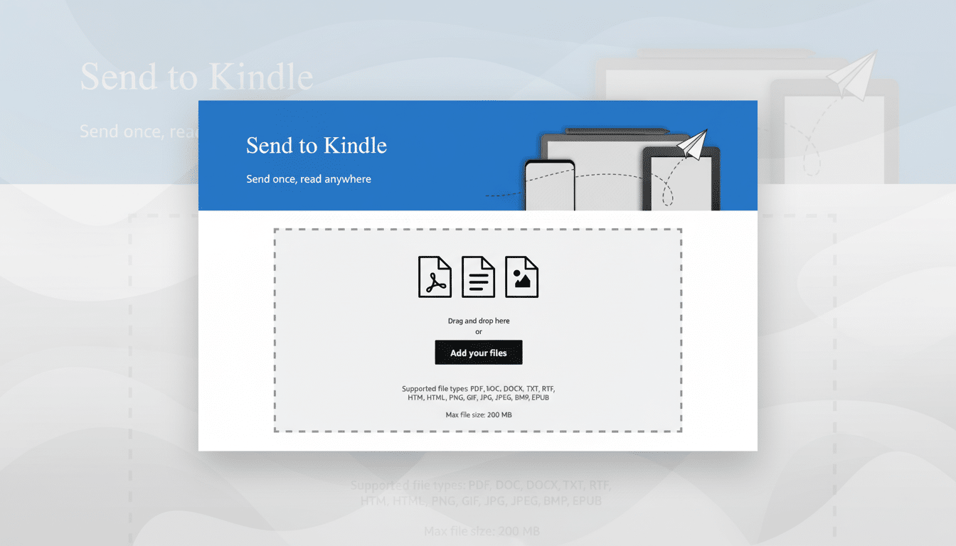 Send to Kindle interface with options to drag and drop files or add them , showing supported file types and max file size.