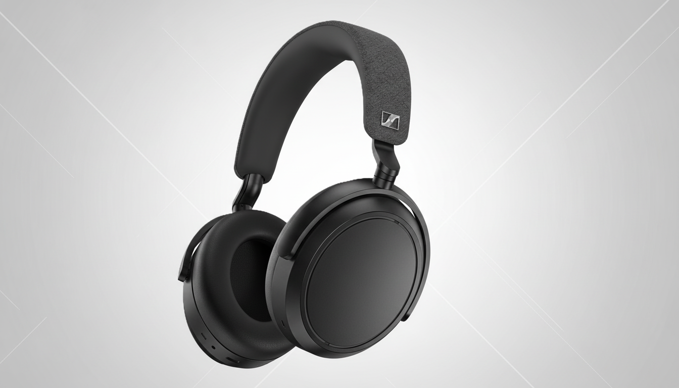 A pair of black Sennheiser headphones with a textured headband and a silver logo, presented on a professional flat design background with subtle light gray patterns.