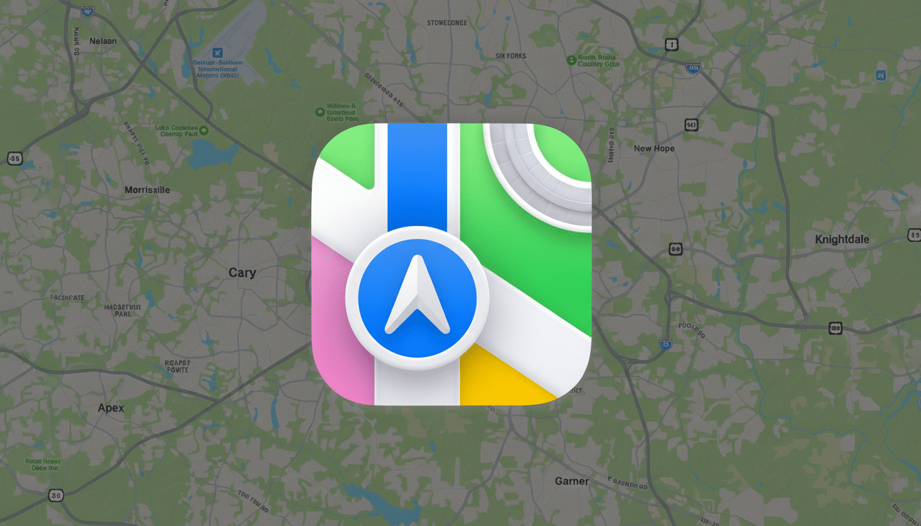 The Apple Maps app icon centered on a dark green map background showing the Raleigh-Durham area .