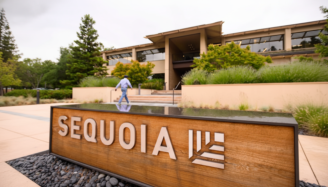 A wide shot of the Sequoia Capital building with its logo sign in the foreground and a person walking towards the entrance.