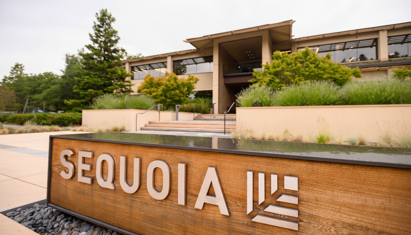 A professional, enhanced image of the Sequoia Capital building with its distinctive wooden sign in the foreground, resized to a 16:9 aspect ratio.