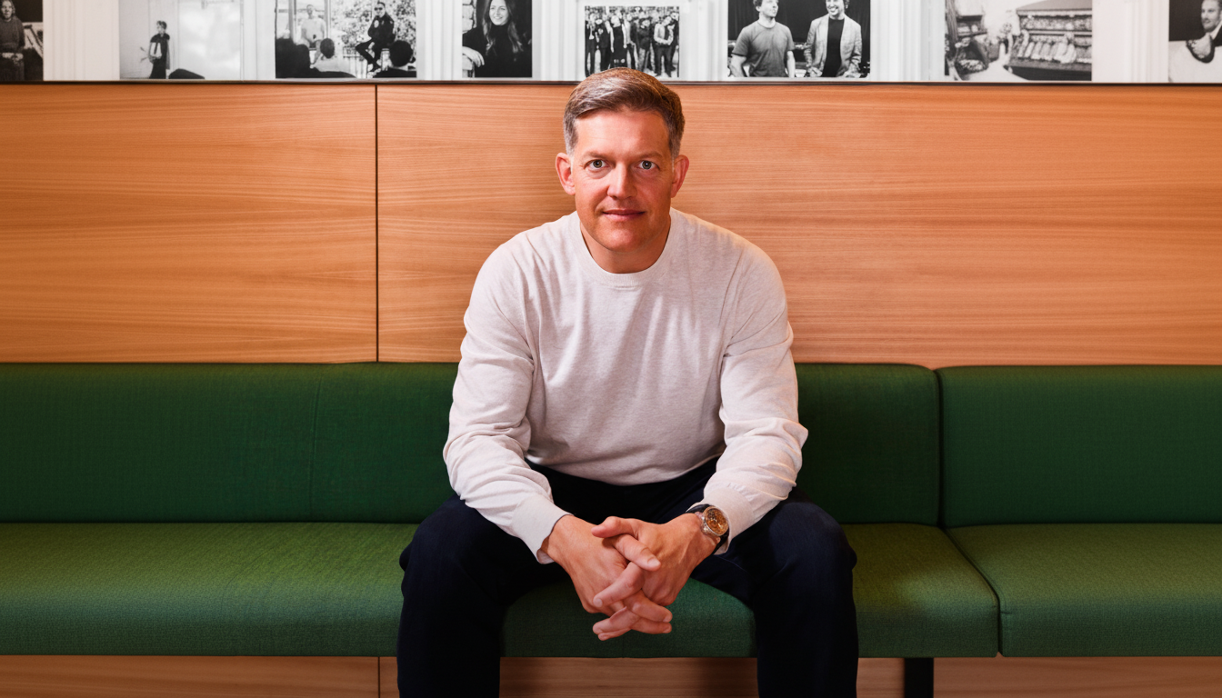 A man in a white sweater and dark pants sitting on a green couch in front of a wooden wall with black and white photos.