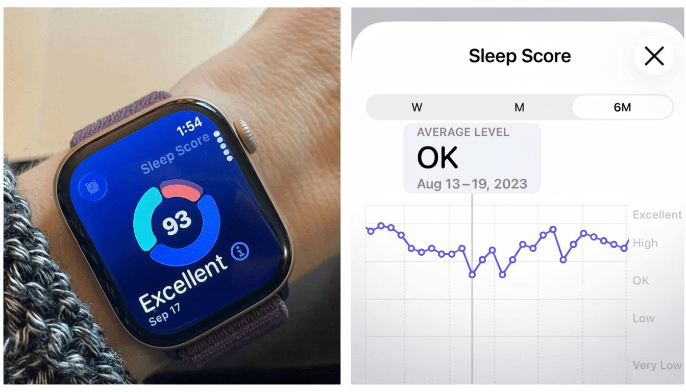 An Apple Watch showing a sleep score of 9 3, rated Excellent, alongside a graph from the iPhone Health app displaying sleep scores over six months wit