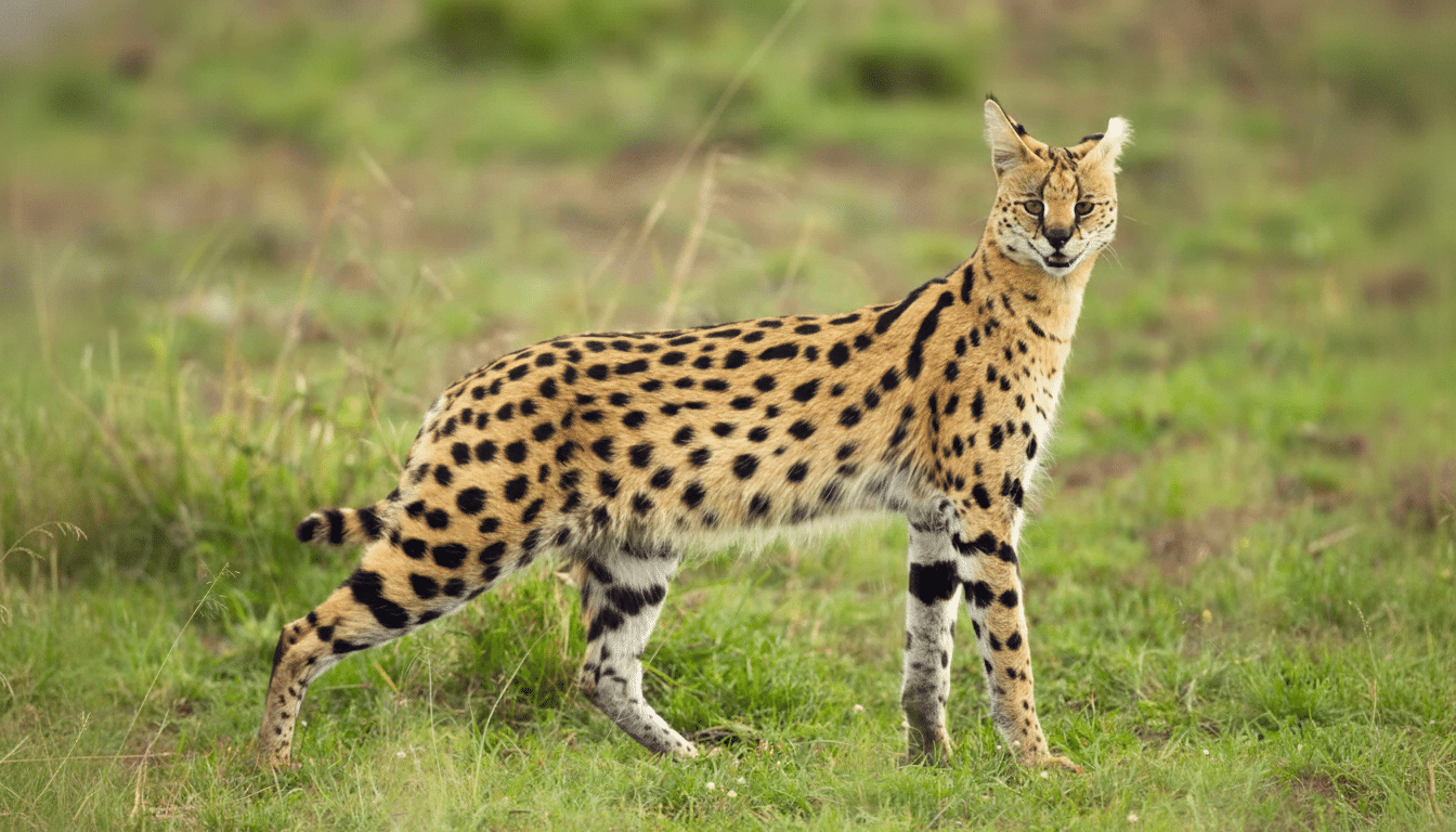 A serv al cat stands in a grassy field, looking towards the viewer .