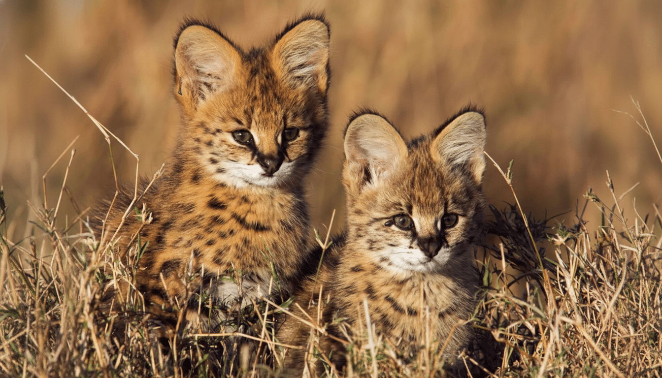 Two serv al kittens sitting in tall , dry grass.