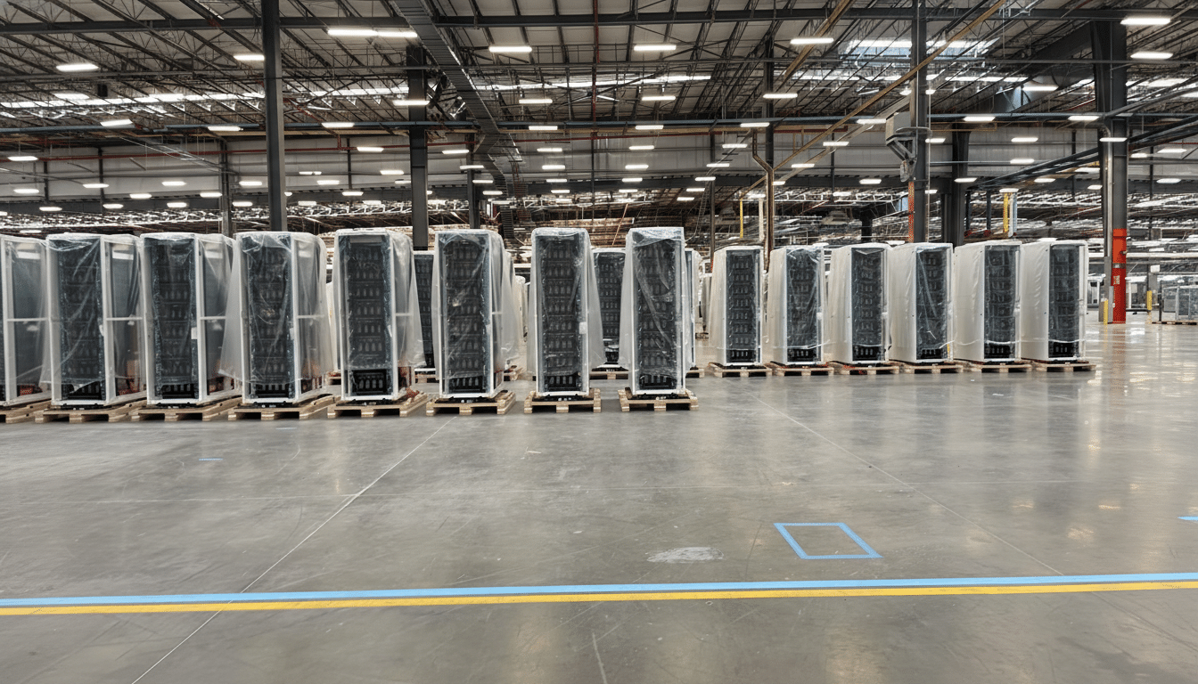 A wide shot of a large warehouse floor with rows of tall , rectangular server racks , each individually wrapped in clear plastic and resting on wooden pallets . The racks are uniformly arranged, stretching into the background under a high ceiling with industrial lighting and exposed beams .