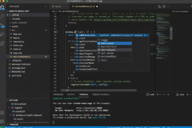 A screenshot of a code editor (VS Code ) displaying a JavaScript file named `service Worker.js`. The code defines event listeners and conditional logic related to service worker registration. An autocomplete suggestion box is open , showing various JavaScript functions and objects.
