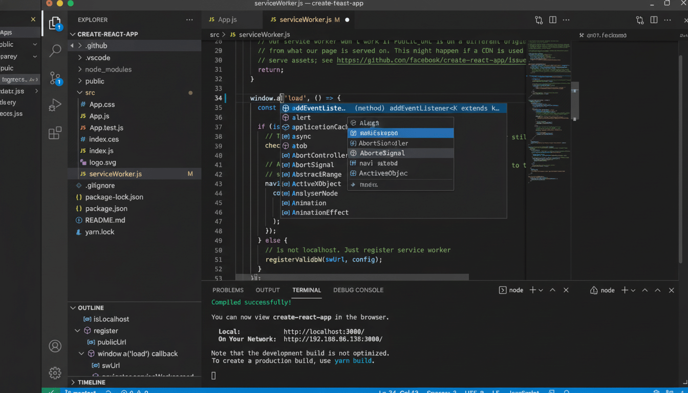 A screenshot of a code editor (VS Code ) displaying a JavaScript file named `service Worker.js`. The code defines event listeners and conditional logic related to service worker registration. An autocomplete suggestion box is open , showing various JavaScript functions and objects.