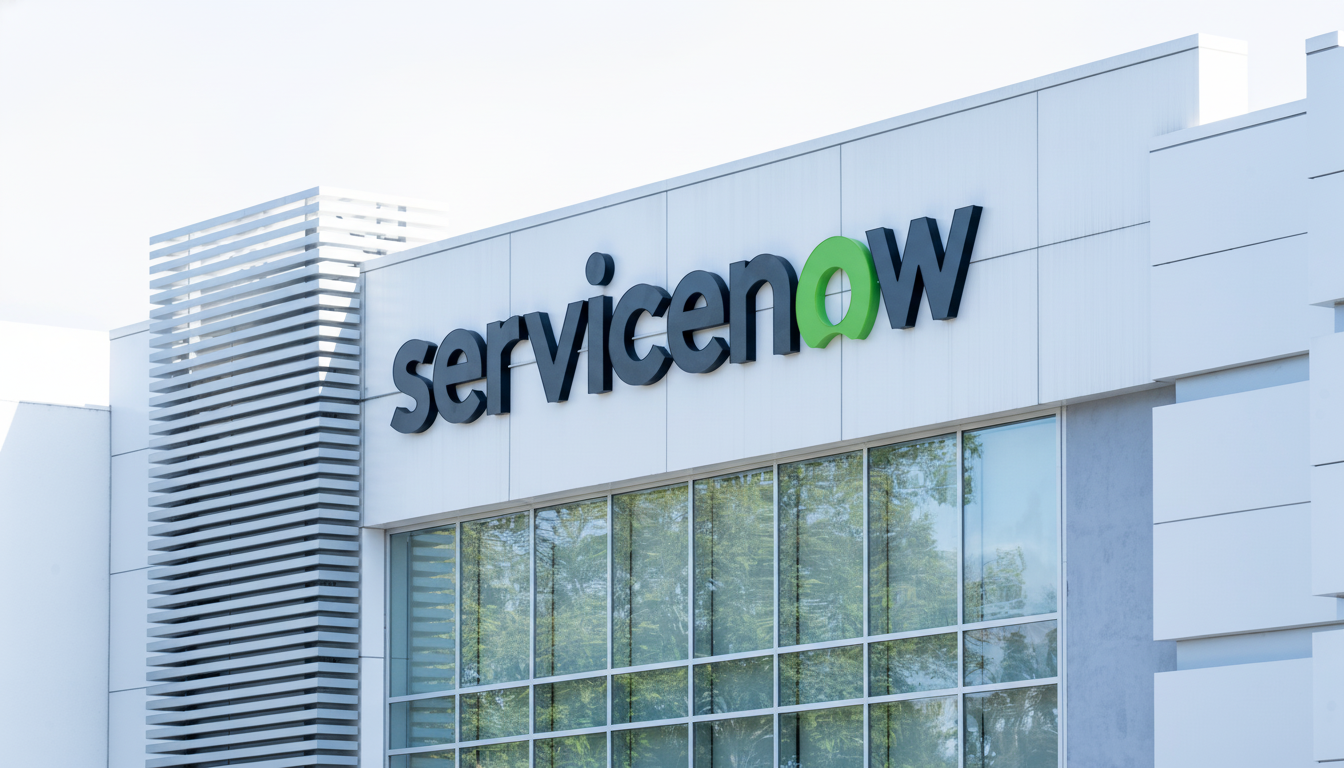 The ServiceNow logo on the side of a modern building, with a bright sky in the background.