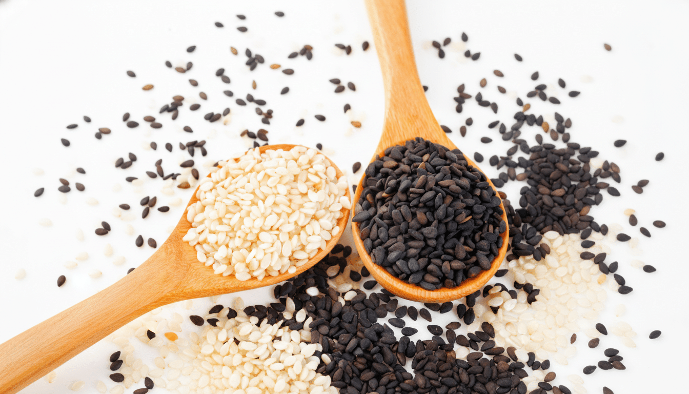 Two wooden spoons, one filled with white sesame seeds and the other with black sesame seeds, arranged on a white surface with scattered seeds. Filename : sesameseeds spoons. png