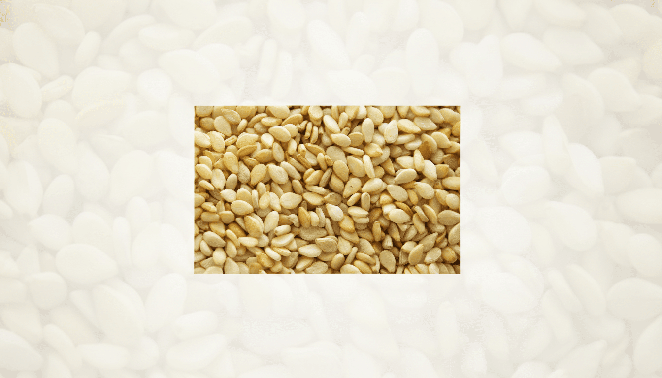A professional 16:9 image with the original image of sesame seeds in the center, surrounded by a soft, flat background of blurred sesame seed patterns. Filename : sesameseeds professional 16 9.png