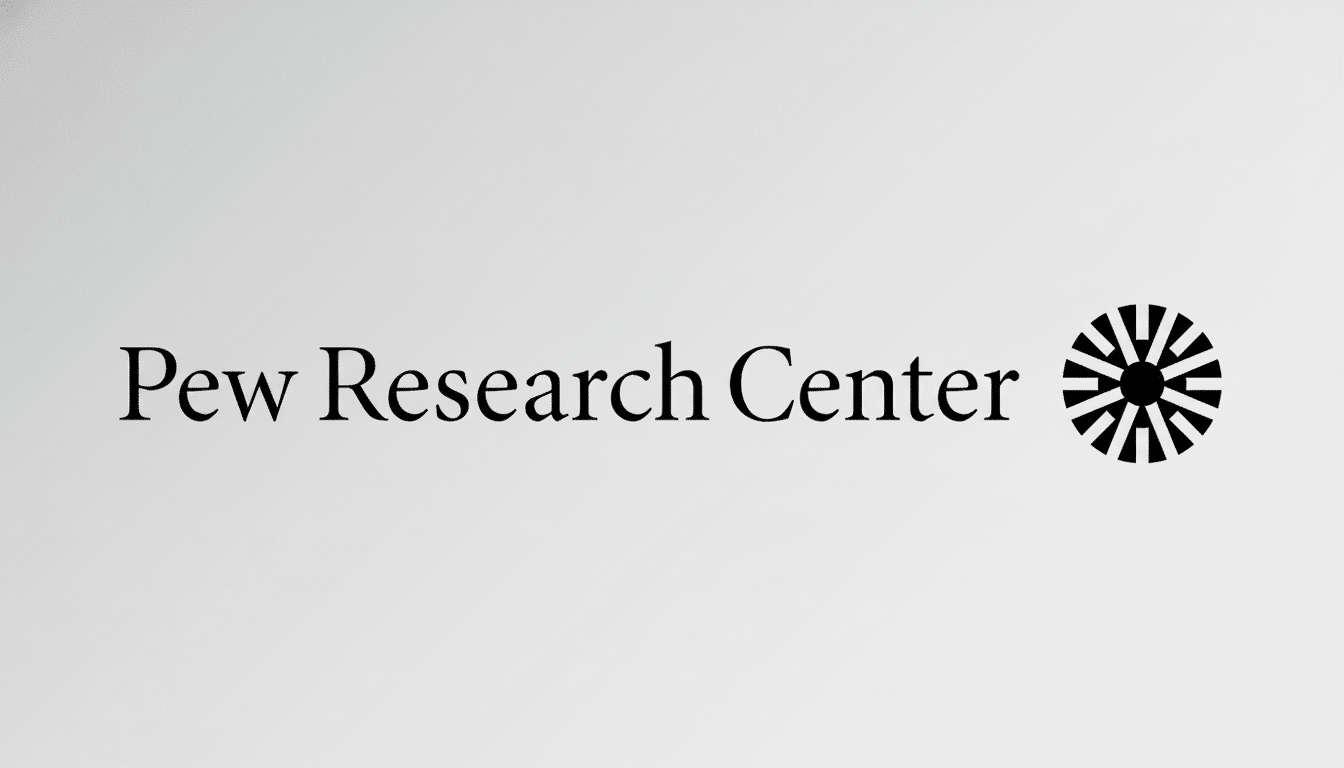 The Pew Research Center logo, featuring Pew Research Center in black serif font next to a circular, sp oked black icon, all set against a light gray background with a subtle gradient .