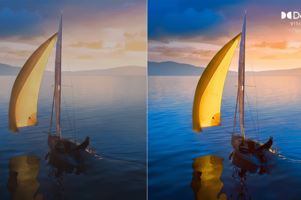 A professional comparison image of a sailboat at sunset, showcasing the enhanced colors and contrast on the right side with the Dolby Vision logo, indicating superior visual quality. Filename : dolby visionsailboat enh ancement. png