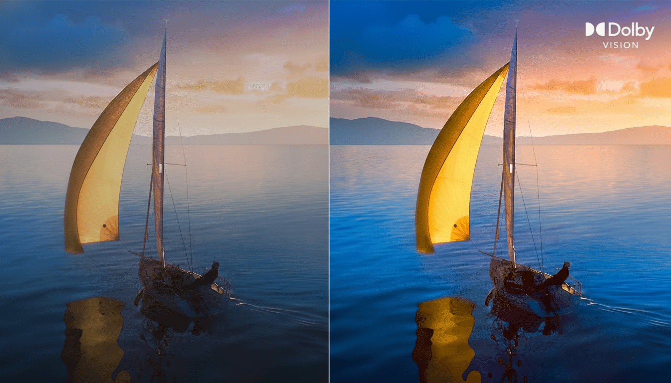 A professional comparison image of a sailboat at sunset, showcasing the enhanced colors and contrast on the right side with the Dolby Vision logo, indicating superior visual quality. Filename : dolby visionsailboat enh ancement. png