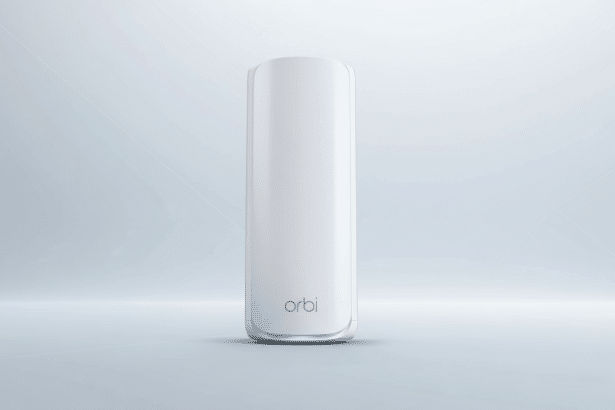 A white Orbi mesh WiFi router stands upright on a light gray surface with subtle abstract patterns, against a soft gradient background in a 16:9 aspect ratio.