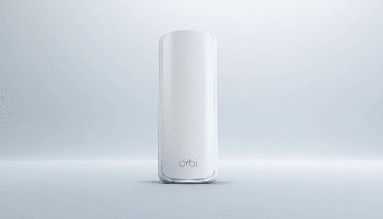 A white Orbi mesh WiFi router stands upright on a light gray surface with subtle abstract patterns, against a soft gradient background in a 16:9 aspect ratio.