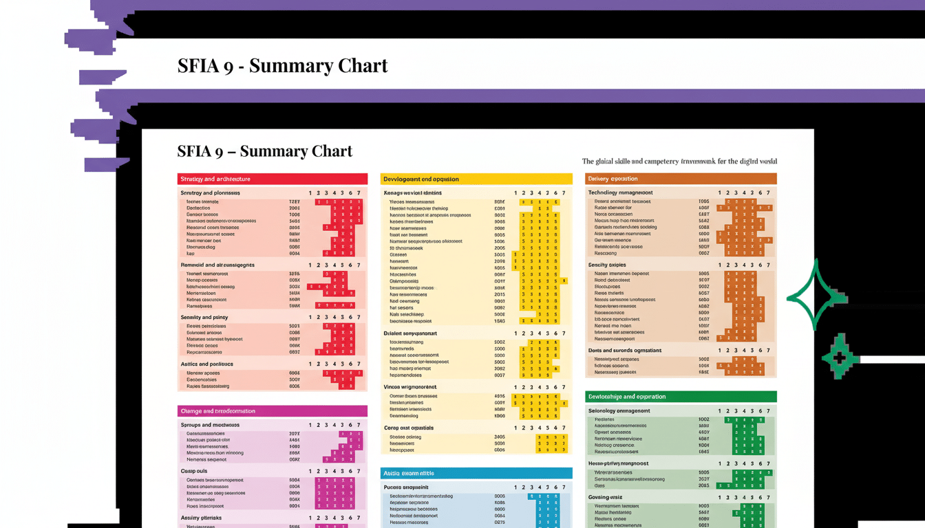 SFIA 9 - Summary Chart, a framework for the digital world with categories including strategy, development, delivery, security, risk, governance, finan